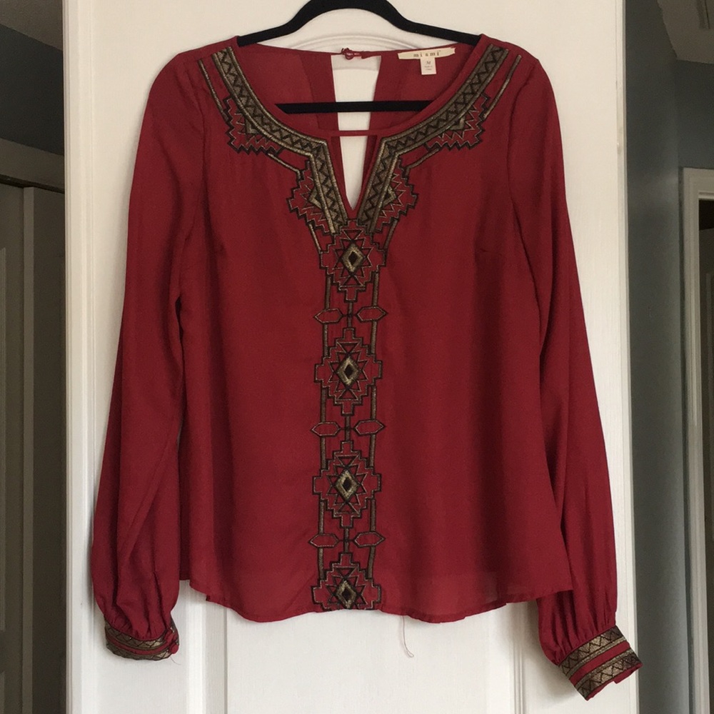 Aztec cherry red gold and black blouse